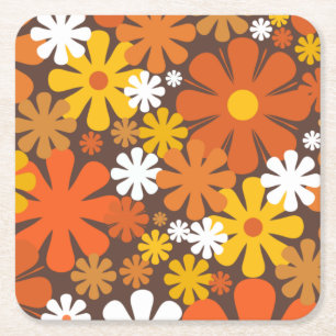 Retro 60s 70s Aesthetische Floral Pattern Square P Vierkante Kartonnen Onderzetter