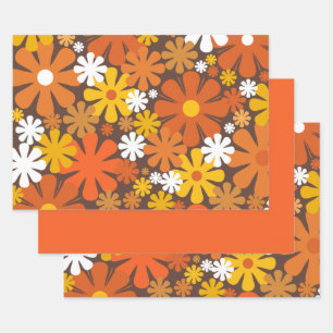 Retro 60s 70s Floral Pattern Oranje en Brown Inpakpapier Vel