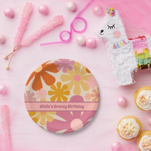 Retro 60s 70s Floral Pattern Personalized Papieren Bordje (Feest)