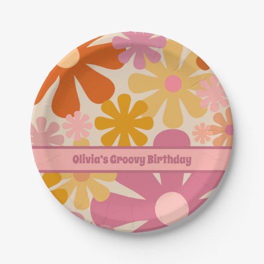 Retro 60s 70s Floral Pattern Personalized Papieren Bordje (Voorkant)