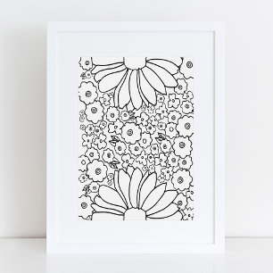 Retro 60s 70s Flowers Black and White Art Print