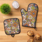 Retro 60s 70s Groovy Floral Ovenwant & Pannenlap Set (Top down)
