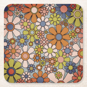 Retro 60s 70s Groovy Floral Vierkante Kartonnen Onderzetter