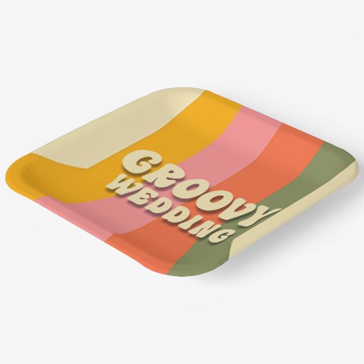 Retro 60s 70s Hippie Groovy Stripes Bruiloft Papieren Bordje (Gebogen)