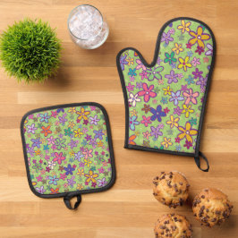 Retro 60's 70's Nostalgische  Groovy Flower Ovenwant & Pannenlap Set