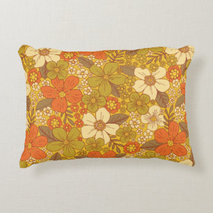 Retro 60s/70s Oranje en Olijfgroene Floral Accent Kussen