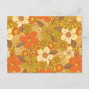 Retro 60s/70s Oranje en Olijfgroene Floral Briefkaart