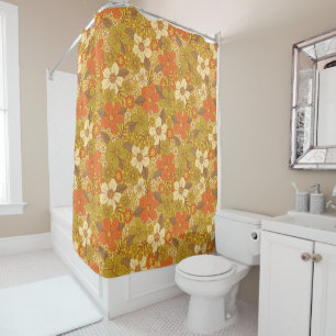 Retro 60s/70s Oranje en Olijfgroene Floral Douchegordijn