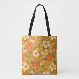Retro 60s/70s Oranje en Olijfgroene Floral Draagtas