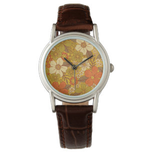 Retro 60s/70s Oranje en Olijfgroene Floral Horloge
