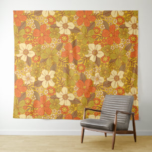 Retro 60s/70s Oranje en Olijfgroene Floral Wandkleed