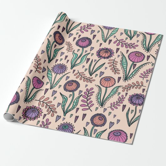 Retro 60s floral. handtekening cadeaupapier (Uitgerold)