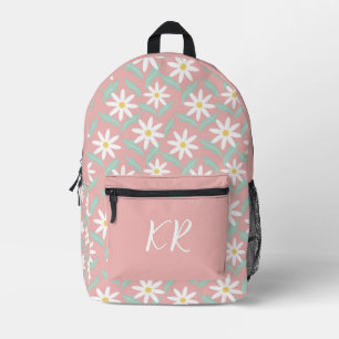 Retro 60s Flower Power Witte Bloemen Roze Initiale Bedrukte Rugzak