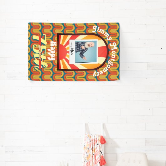 Retro 60's Groovy Wave Custom Foto Verjaardag Spandoek (Insitu)