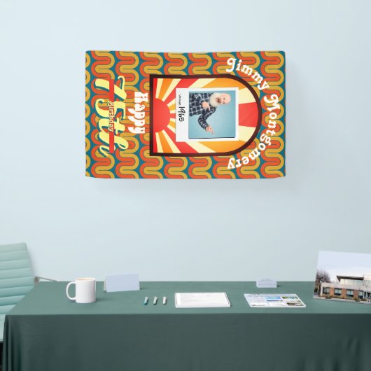 Retro 60's Groovy Wave Custom Foto Verjaardag Spandoek (Beurs)