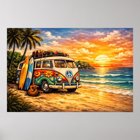 Retro 60s Hippie Beach Bus Sunset | Surf Van Life Poster (Voorkant)