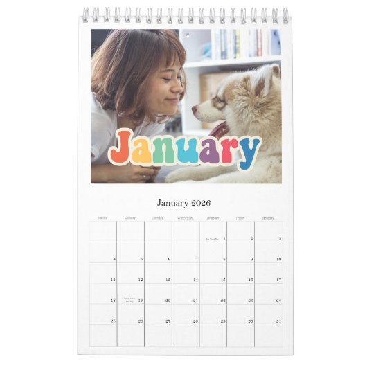 Retro 60s Hippie script calendrier famille 2026 (Jan 2026)