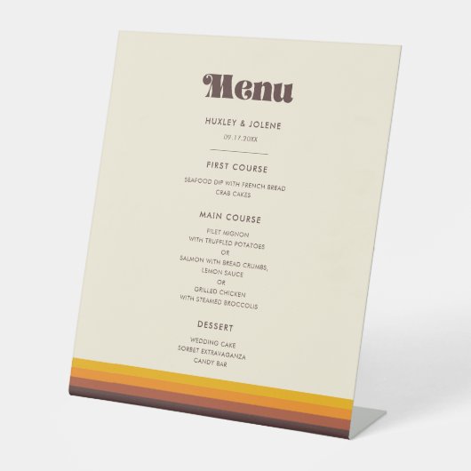 Retro 60s kleuren trouwmenu reclamebord met voetstuk (Voorkant)