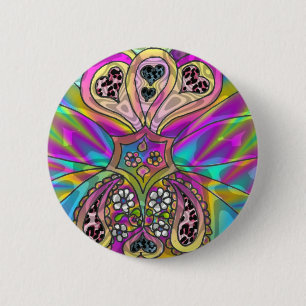 Retro 60s Psychedelic Hearts Flowers Gifts Apparel Ronde Button 5,7 Cm