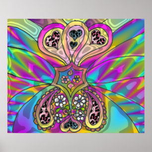 Retro 60s Psychedelic Hearts Flowers Print Poster