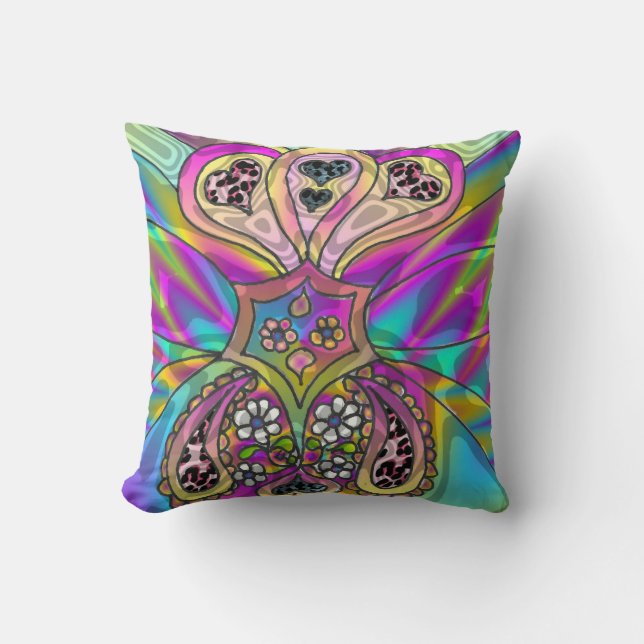 Retro 60s Psychedelic Hearts Flowers Sierkussen (Voorkant)