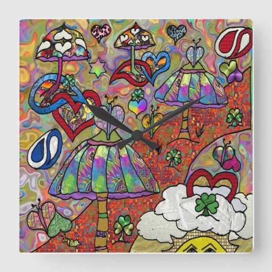 Rétro 60s Psychedelic Magic Mushroom Horloge mural (Recto)