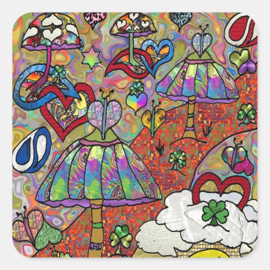 Retro 60s Psychedelic Magic Mushroom Sqr Sticker (Voorkant)