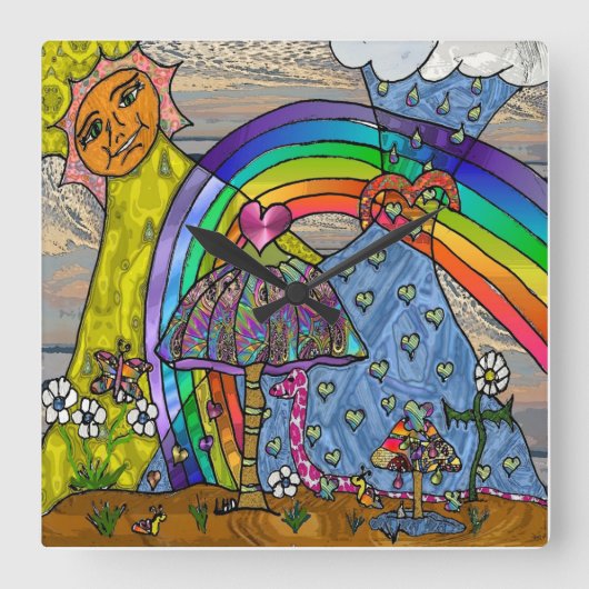 Retro 60s Psychedelic Magic Mushrooms Sq Clock Vierkante Klok (Voorkant)