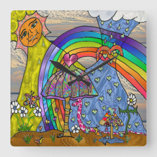 Retro 60s Psychedelic Magic Mushrooms Wall Clock Vierkante Klok