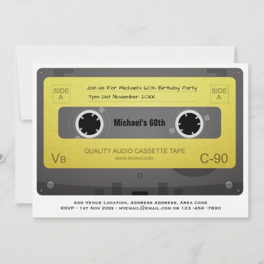 RETRO 60ste verjaardag MAN Uitnodiging Muziek Cass (Voorkant)