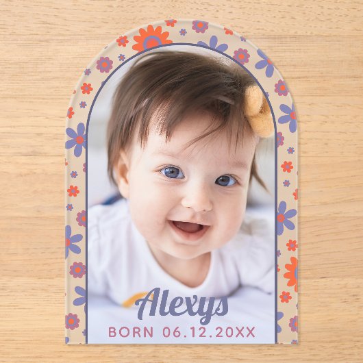 Retro 70er jaren Flower Power Foto Geboorteaankond Acryl Uitnodigingen (Voorkant)
