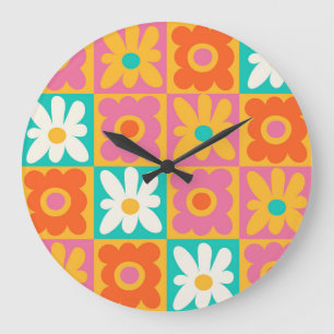 Retro 70er jaren Groovy Bloem Checkerboard Kleurri Grote Klok