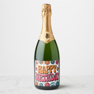 Retro 70er jaren Groovy Gefeliciteerd Verjaardag G Sparkling Wijnetiket