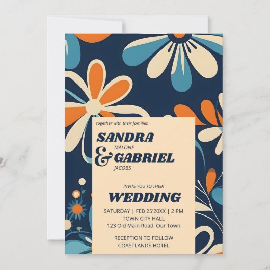 Retro 70ies blauwgroen madeliefjes bruiloft sjablo kaart (Voorkant)