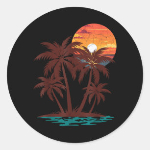 Retro 70s 80s Strand Zonsondergang Palmboom Zomer Ronde Sticker