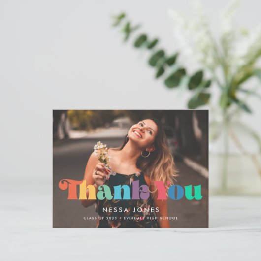 Retro 70s afstuderen Dank u foto Briefkaart (Staand voorkant)