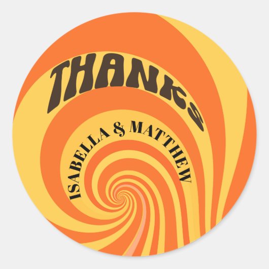 Retro 70s Bedankt Sinaasappel Geel Bruiloft Ronde Sticker (Voorkant)