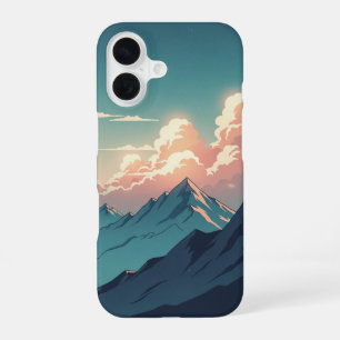 Retro 70s berglandschap met heldere wolken iPhone 16 hoesje
