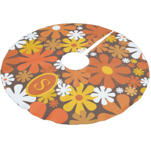 Retro 70s Bloemenpatroon Sinaasappel Bruin met Ini Kerstboom Rok