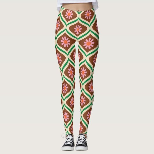 Retro 70s:  bloemmotief leggings (Voorkant)