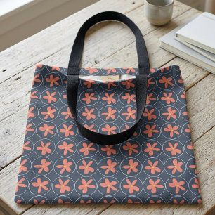 Retro 70s bloemmotief navyblauwe en roze geometris draagtas