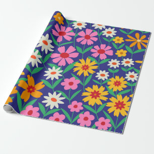 Retro 70s Boho Bloemen op Navy Blue Cadeaupapier