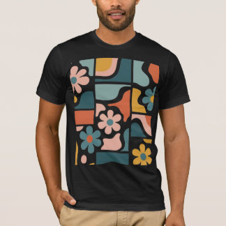 Retro 70s Boho Bloemmotief Groovy Bloem Grid T-shirt