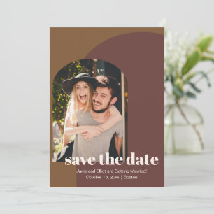 Retro 70s Bruine Geometrische Boog Huwelijksfoto Save The Date