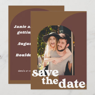 Retro 70s bruine Geometrische paarse foto bruiloft Save The Date
