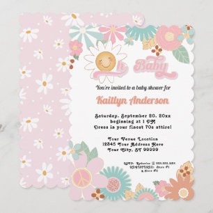 Retro 70s Daisy Pink Peach Girl Oh Baby shower Kaart