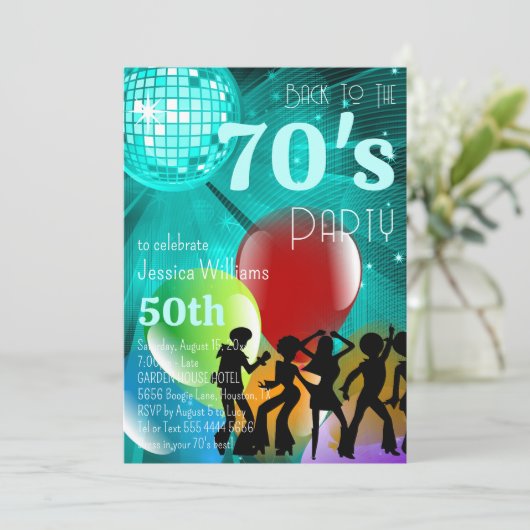 Retro 70's Disco Ball & Balloons Blauwgroen verjaa Kaart (Staand voorkant)