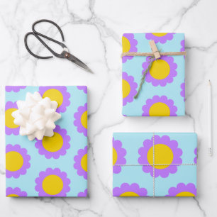 Retro 70s Floral Pattern in Blue Paars and Yellow Inpakpapier Vel