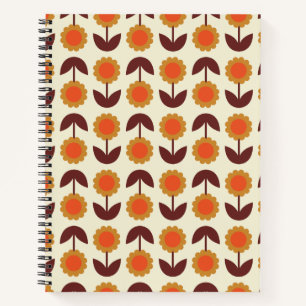 Retro  70s Floral Pattern Oranje en Brown Notitieboek
