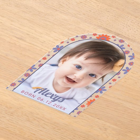 Retro 70s Flower Power Photo Aankondiging Acryl Uitnodigingen (Laagn)